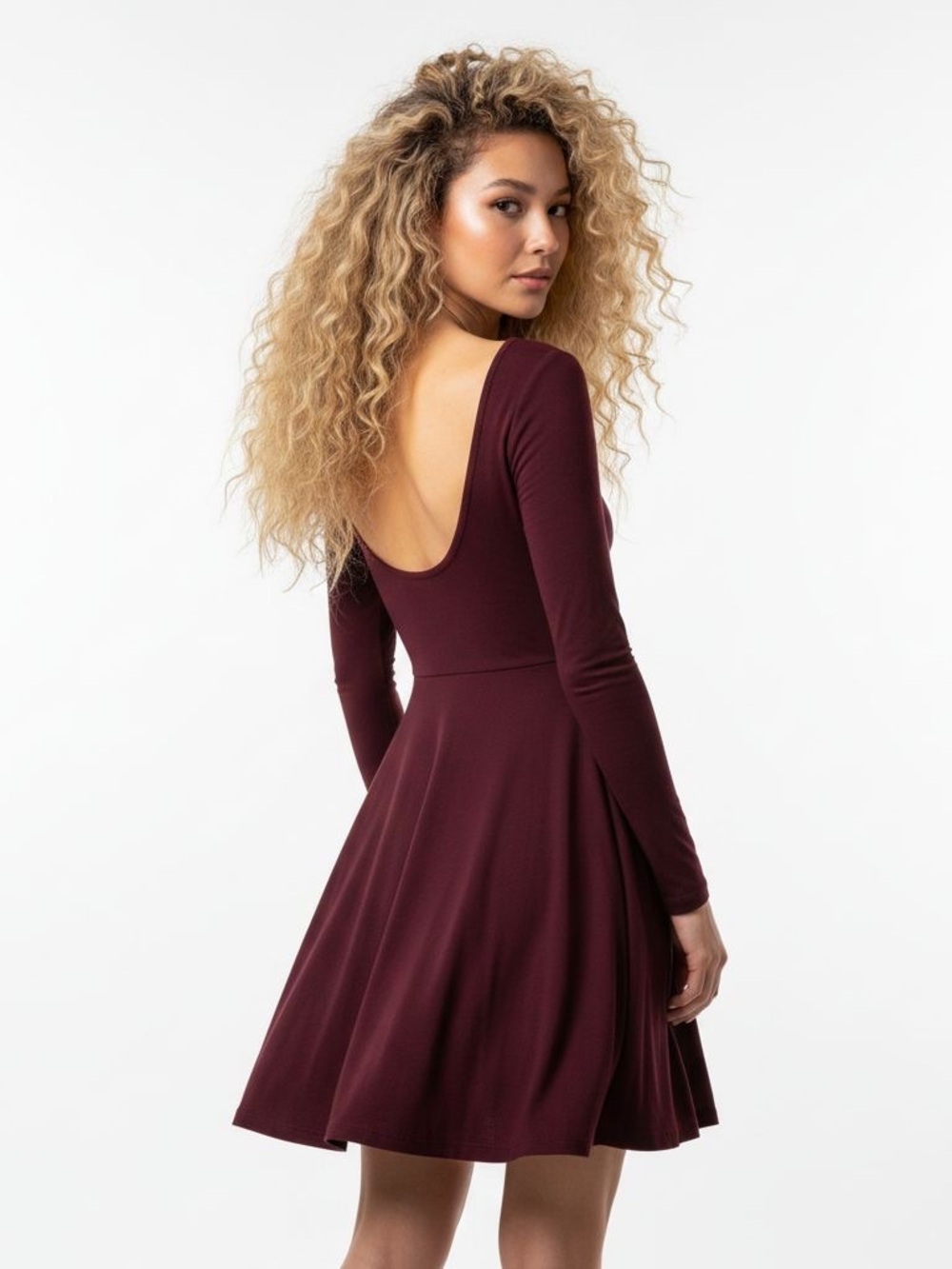 Ardene Long-Sleeve Scoop-Back Skater Dress in Wine